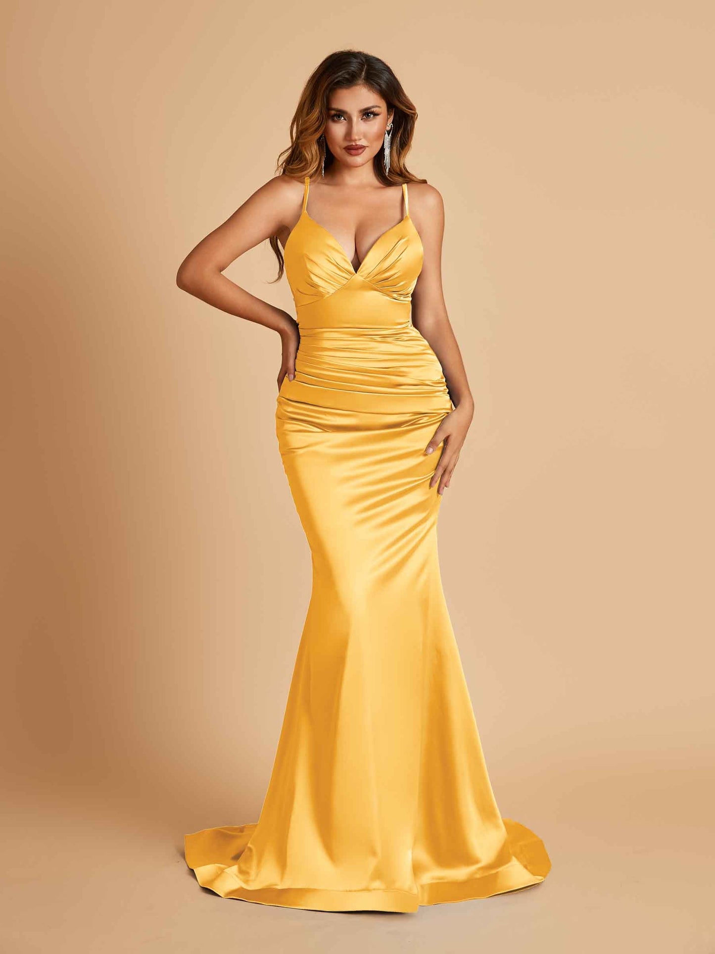 Satin Mermaid V-neck Prom Dresses Spaghetti Straps Floor Length