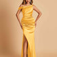 Unique Satin One Shoulder Prom Dresses Side Slit Half Open Back Floor Length