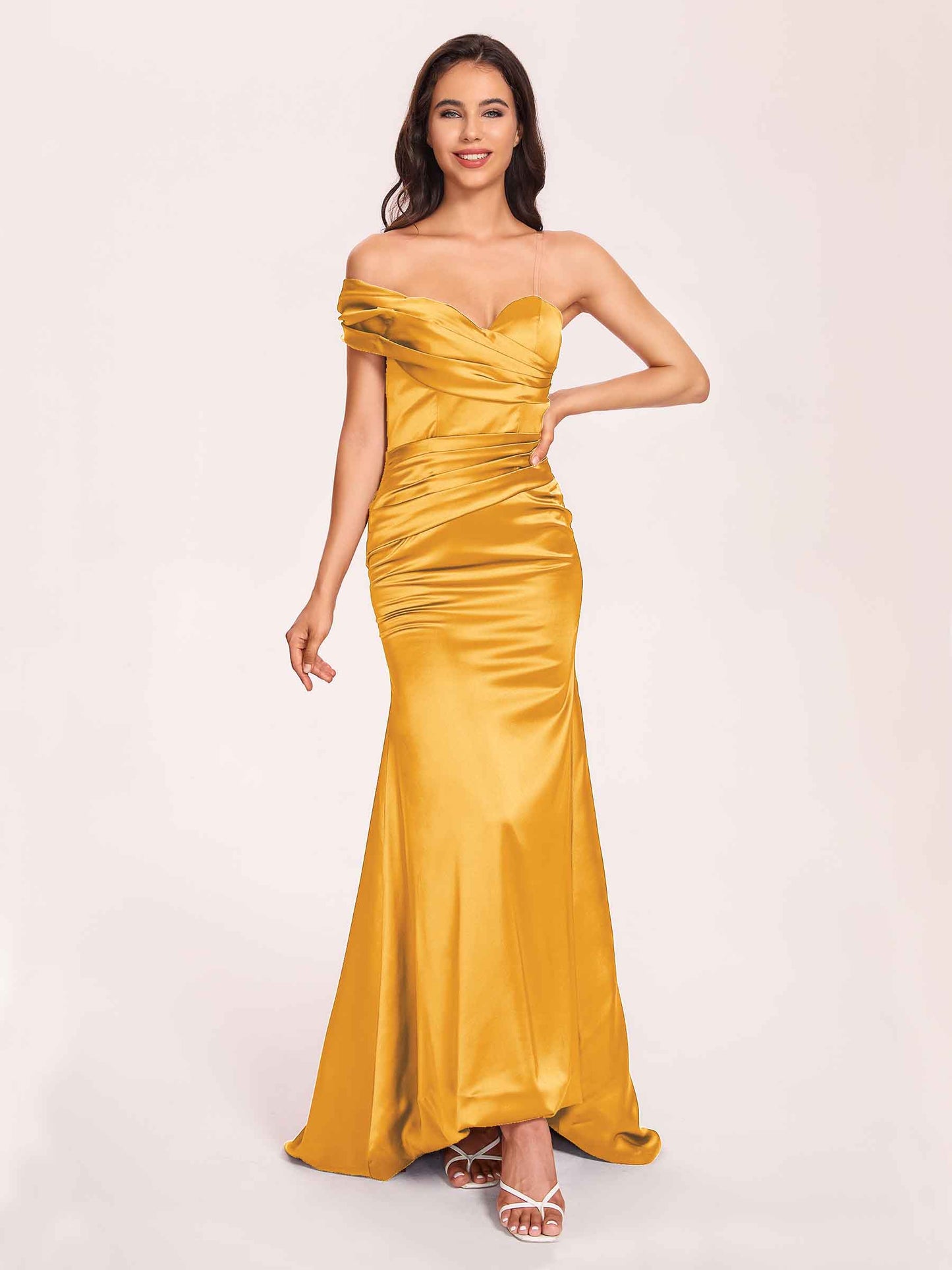 Satin One-shoulder Bridesmaid Dresses Pleats Floor Length Mermaid Long