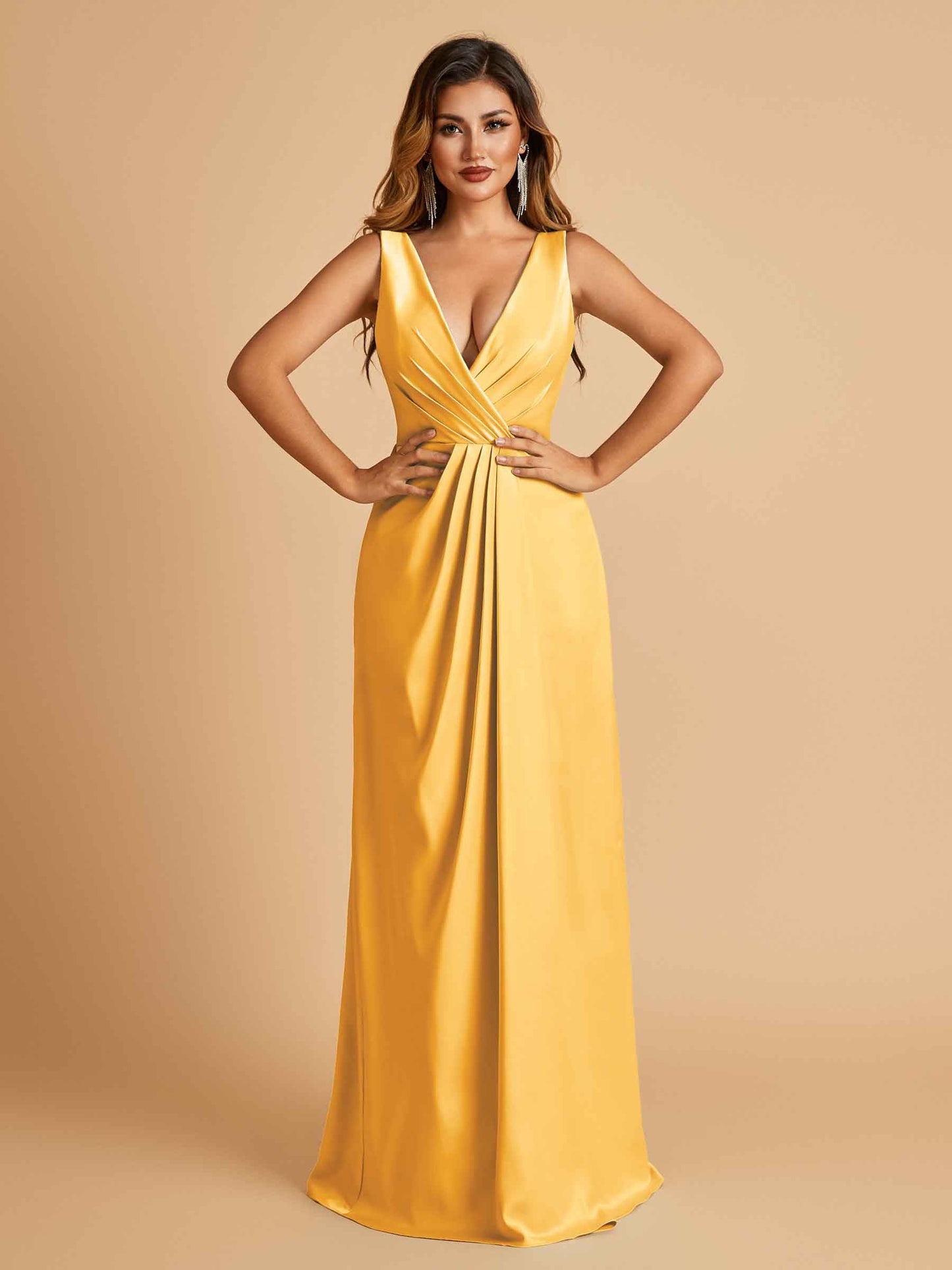 Sexy Satin Deep V-neck Long Prom Dresses A-line Pleats Sleeveless Floor Length