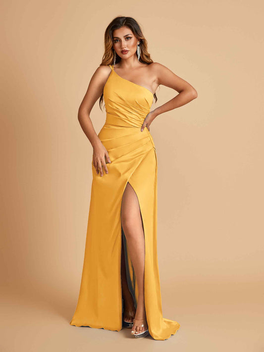 Satin One Shoulder Sheath Bridesmaid Dresses Spaghetti Straps Side Slit Floor Length