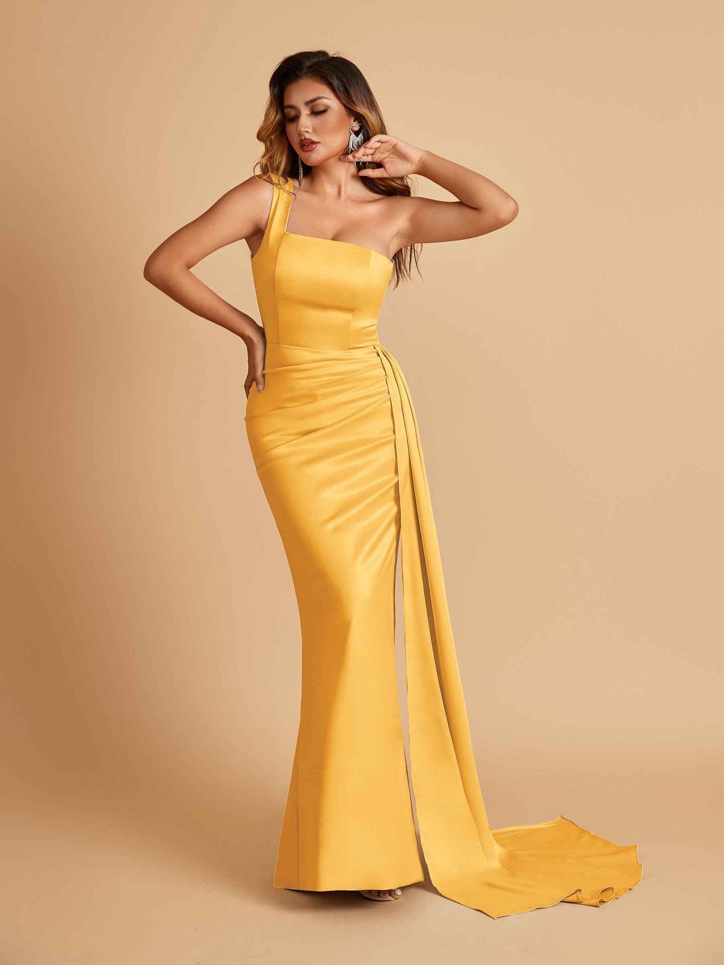 Sexy Satin One Shoulder Mermaid Prom Dresses Pleats Floor Length