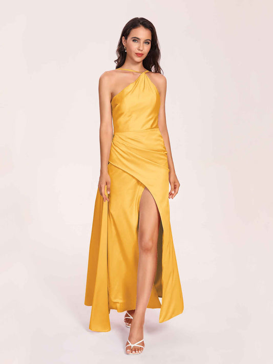 Sexy Satin Halter Strap Sheath Bridesmaid Dresses Side Slit Pleats Floor Length