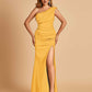 Satin One-shoulder Bridesmaid Dresses Mermaid Side Slit Sleeveless Floor Length