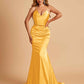 Sexy Satin Mermaid Prom Dresses Spaghetti Straps V-neck Pleats Floor Length