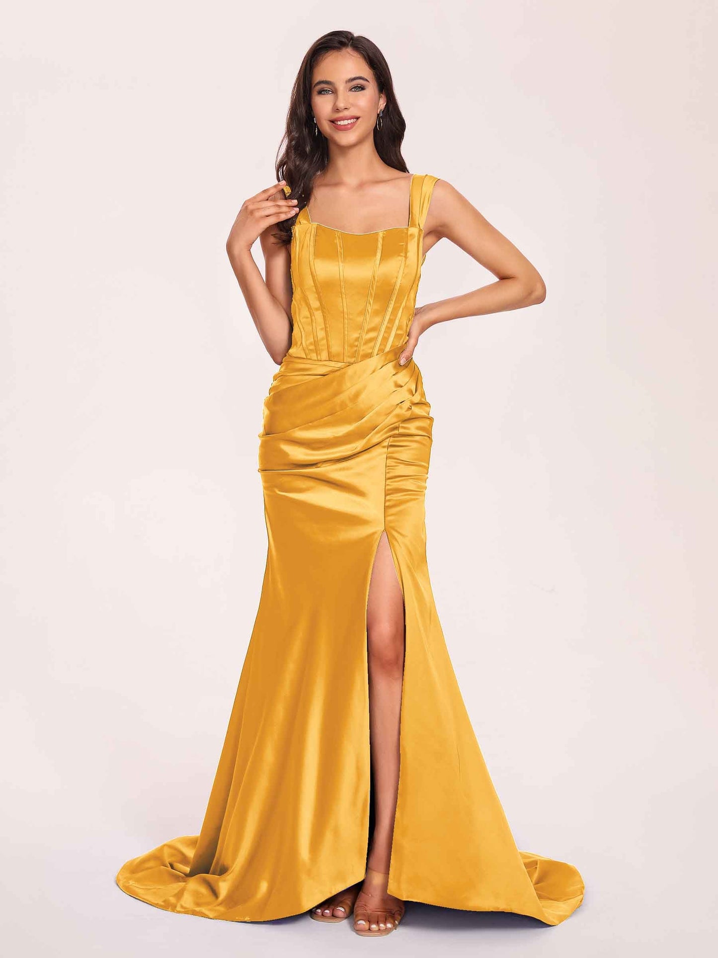 Sexy Satin Square Mermaid Prom Dresses Pleats Side-Slit Floor-Length Sleeveless