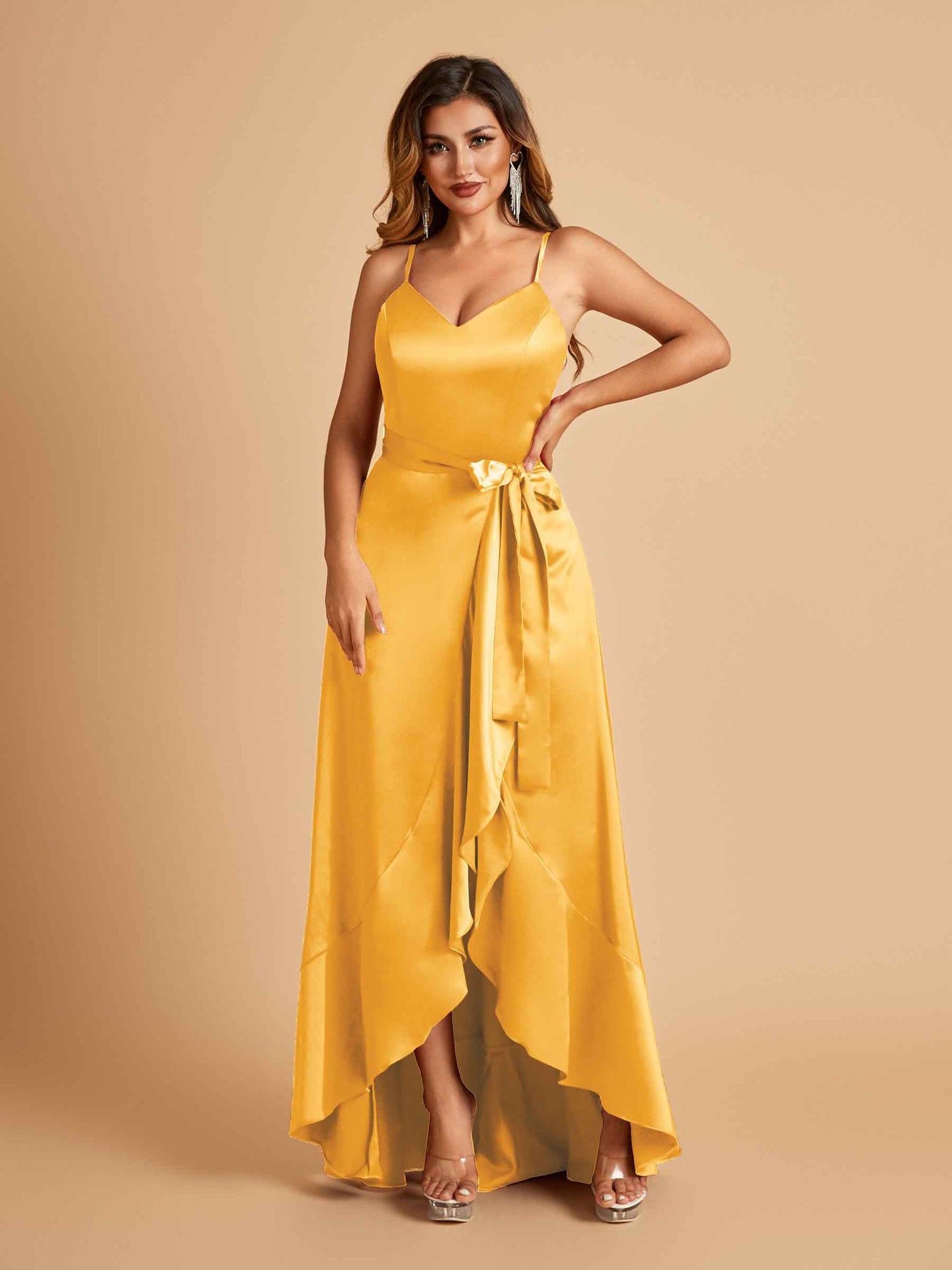 Satin Asymmetric V-neck Prom Dresses Sleeveless Side Slit A-line Unique