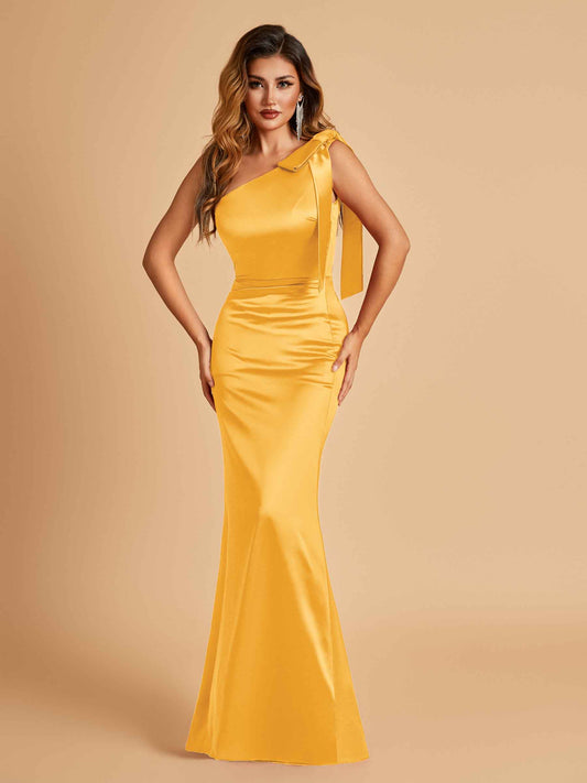 Sexy Satin One Shoulder Bridesmaid Dresses Long Zipper Side Floor Length Sheath