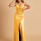 Sexy Satin Sheath Prom Dresses Spaghetti Straps V-neck Side Slit Pleats Floor Length