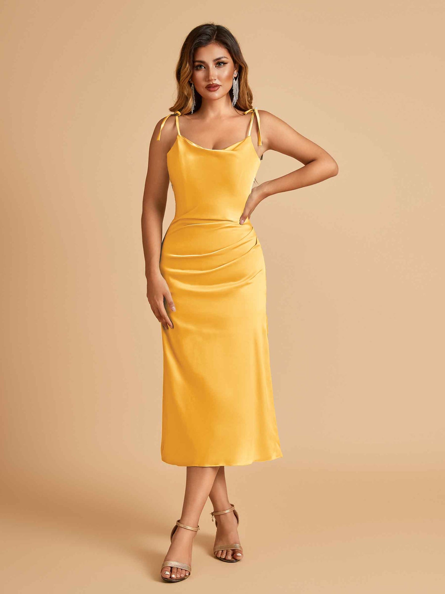 Sexy Satin Midi Bridesmaid Dresses Spaghetti Straps Slip Scoop Side Slit
