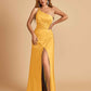 Satin One Shoulder Sheath Prom Dresses Spaghetti Straps Side Slit Floor Length