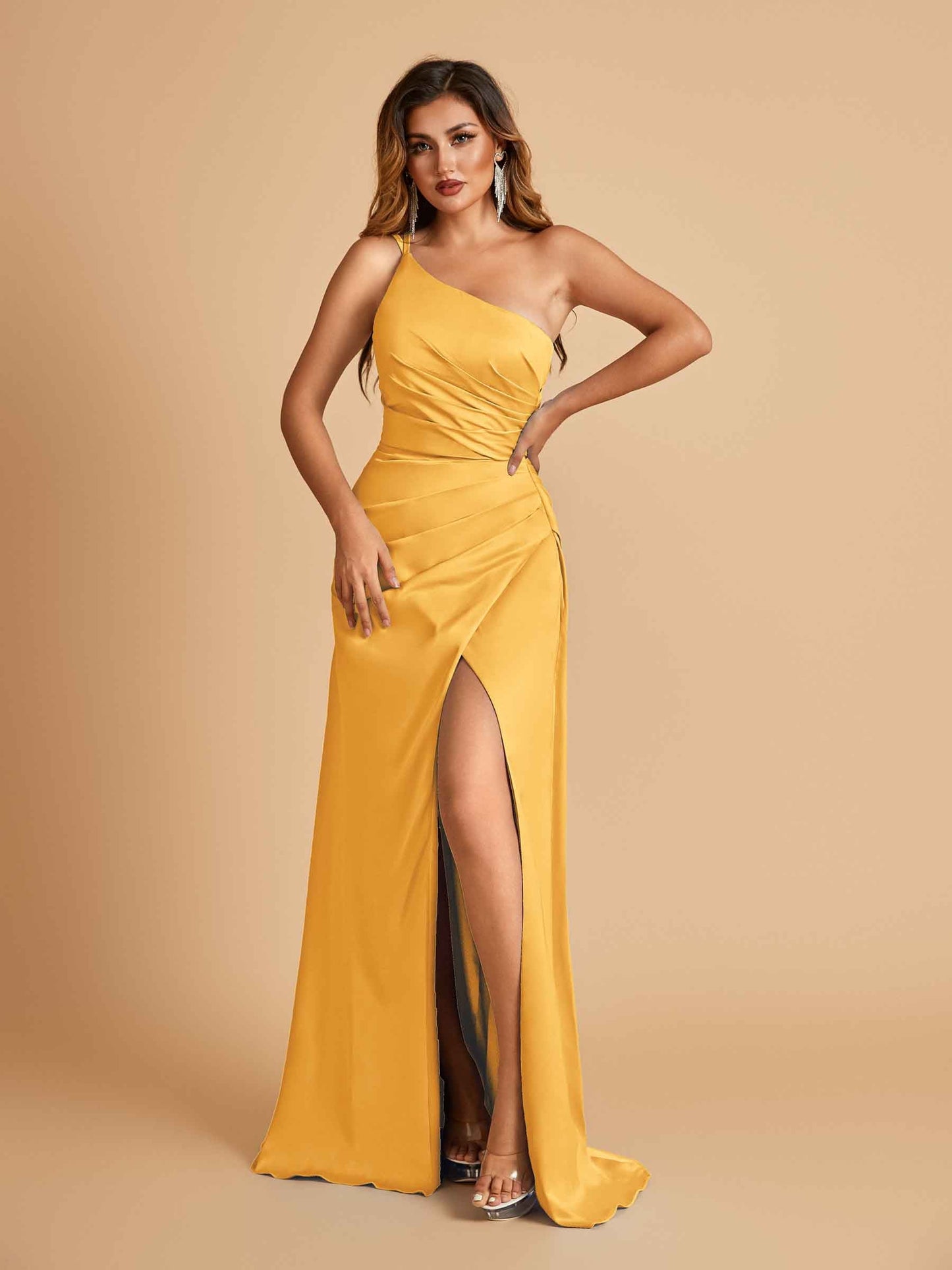 Satin One Shoulder Sheath Prom Dresses Spaghetti Straps Side Slit Floor Length