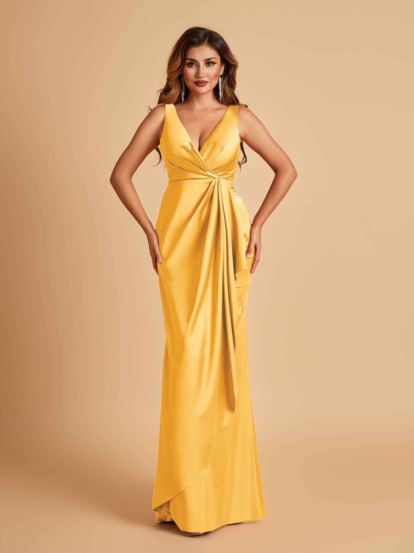 Sexy Satin Sheath V-neck Prom Dresses Strapless Floor Length