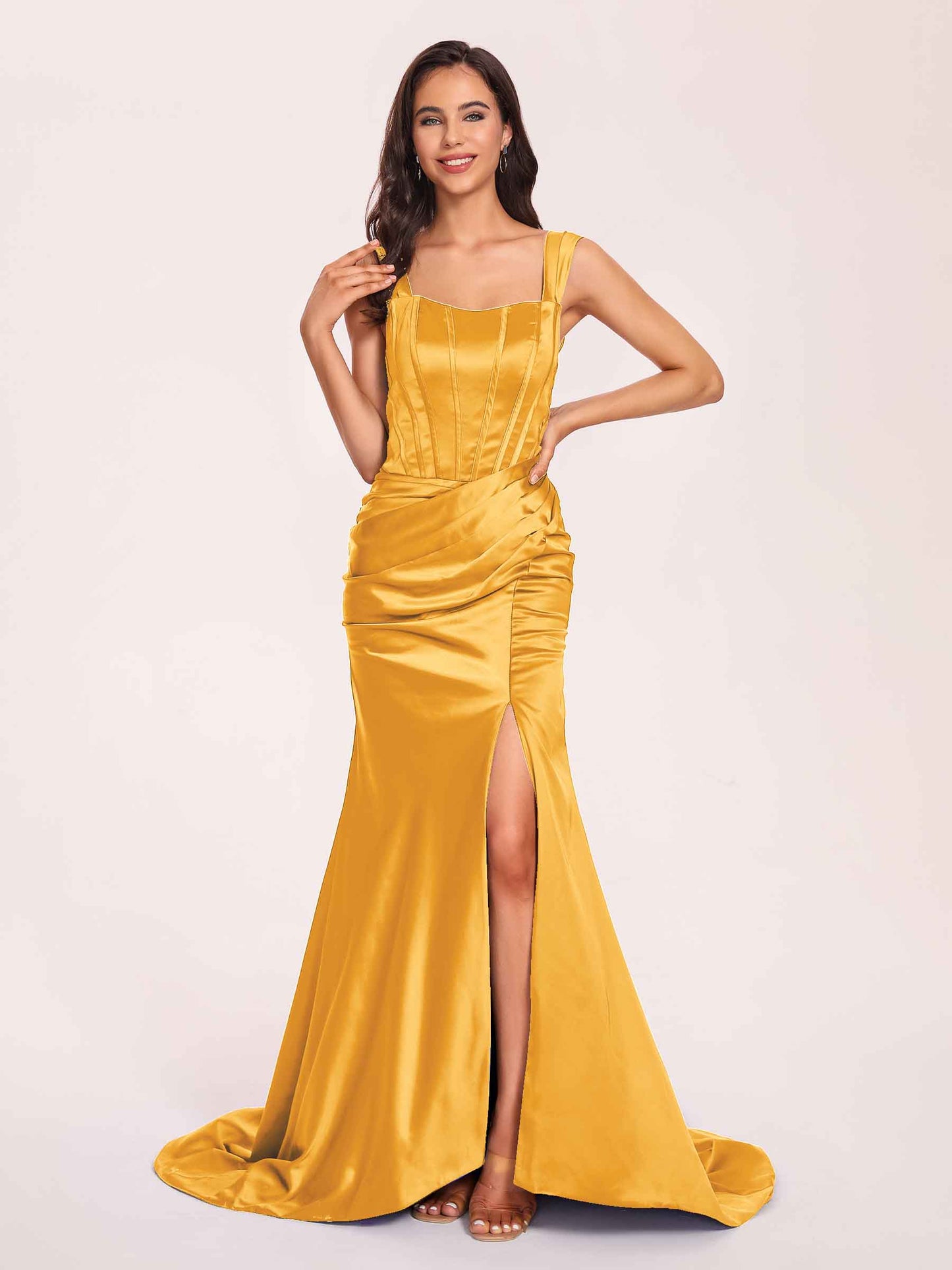Sexy Satin Square Mermaid Bridesmaid Dresses Pleats Side-Slit Floor-Length Sleeveless