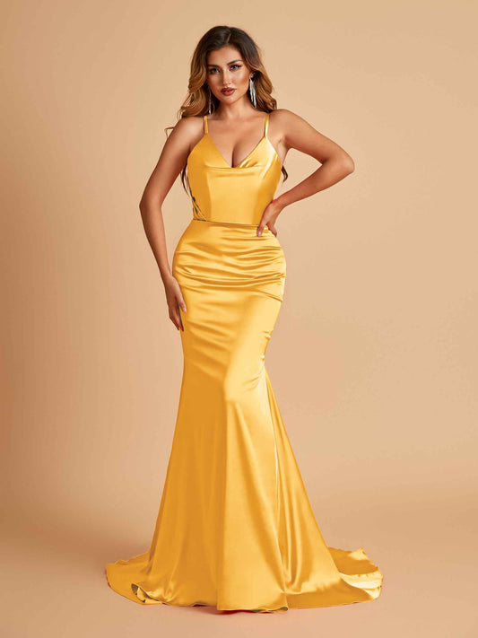 Sexy Satin Mermaid Bridesmaid Dresses Spaghetti Straps V-neck Pleats Floor Length
