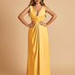 Sexy Satin Deep V-neck Long Bridesmaid Dresses A-line Pleats Sleeveless Floor Length