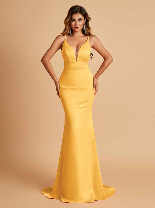 Satin Deep V-neck Mermaid Bridesmaid Dresses Open Back Floor Length