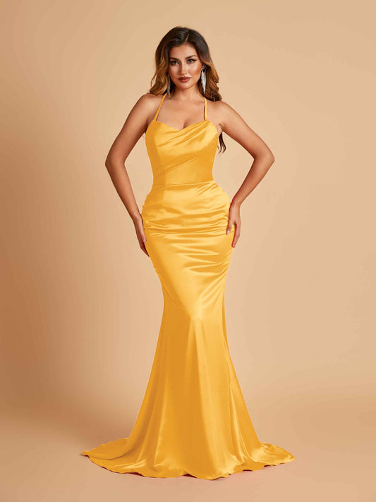 Sexy Satin Mermaid Bridesmaid Dresses Spaghetti Straps Scoop Criss-cross Back