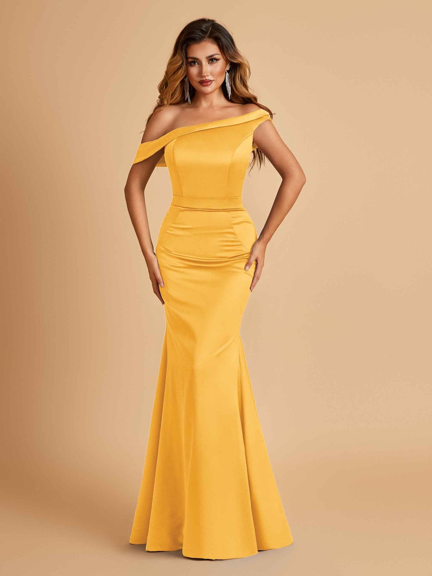 Charming Satin Off Shoulder Mermaid Prom Dresses Straps Floor Length