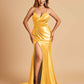 Satin Mermaid V-neck Bridesmaid Dresses Spaghetti Straps Side Slit Floor Length