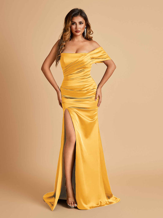 Satin One-shoulder Long Bridesmaid Dresses Side Slit With Pleats Mermaid