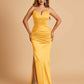 Satin Mermaid Long Bridesmaid Dresses Spaghetti Straps V-neck Side Slit Floor Length