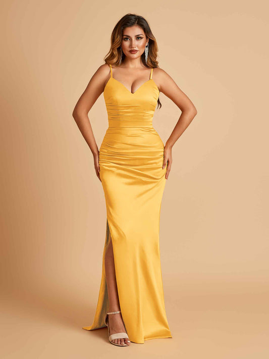 Satin Mermaid Long Bridesmaid Dresses Spaghetti Straps V-neck Side Slit Floor Length