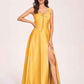 Satin V-neck A-line Prom Dresses Side slit Floor Length
