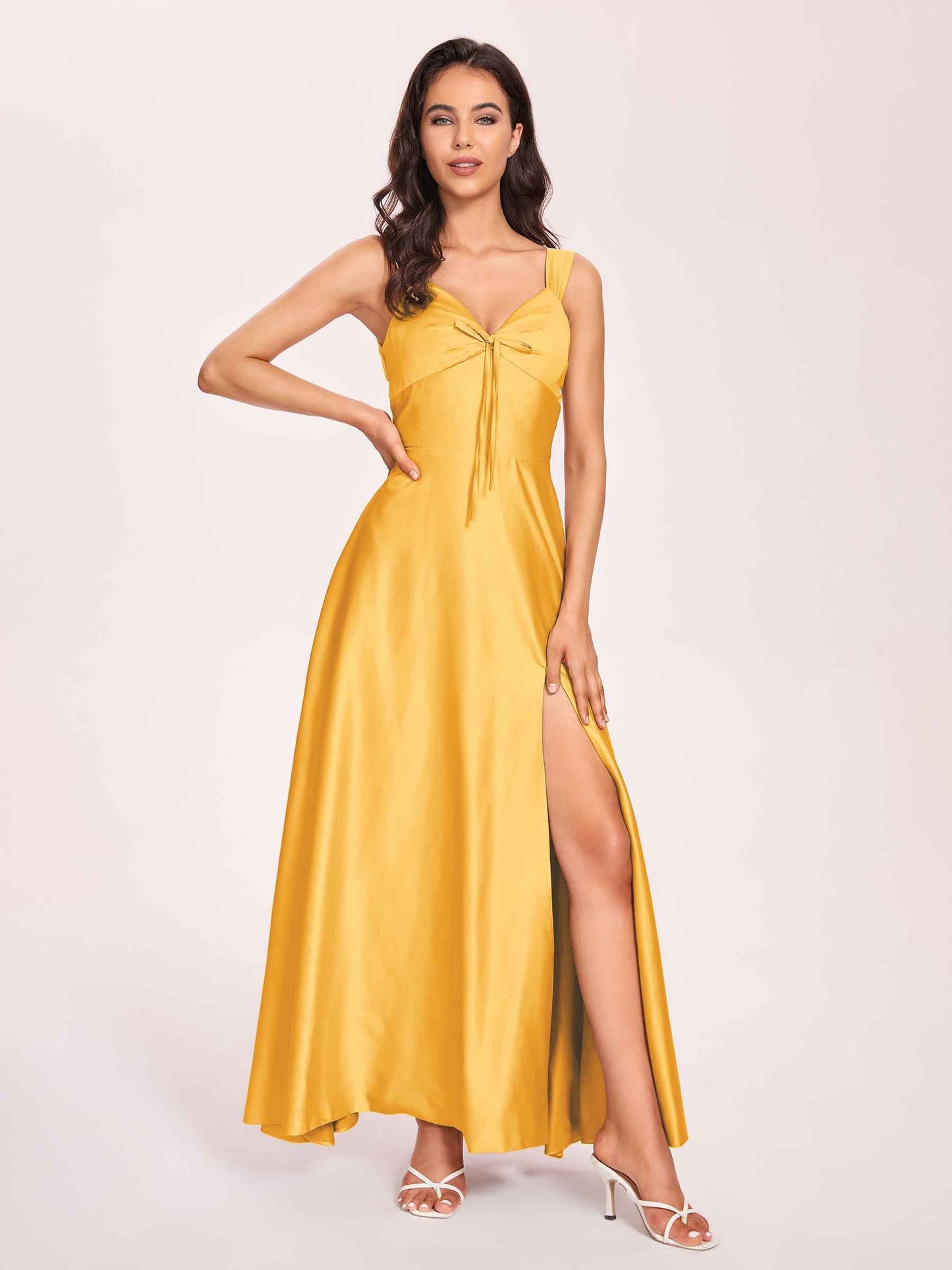 Satin V-neck A-line Prom Dresses Side slit Floor Length