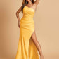 Sexy Strapless Long Bridesmaid Dresses Satin Side Slit Pleats Floor Length Sheath