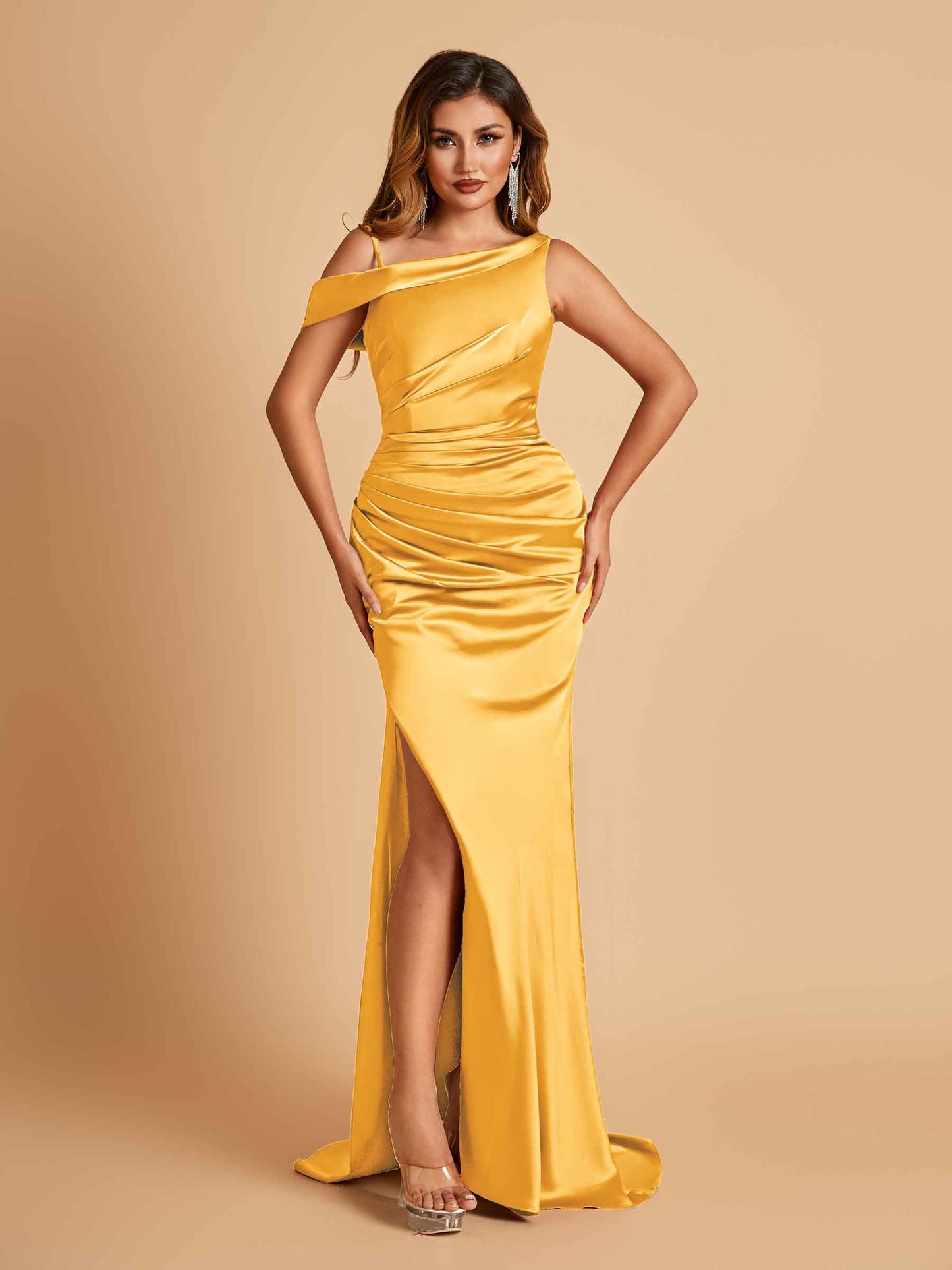 Unique Satin One Shoulder Bridesmaid Dresses Side Slit Half Open Back Floor Length