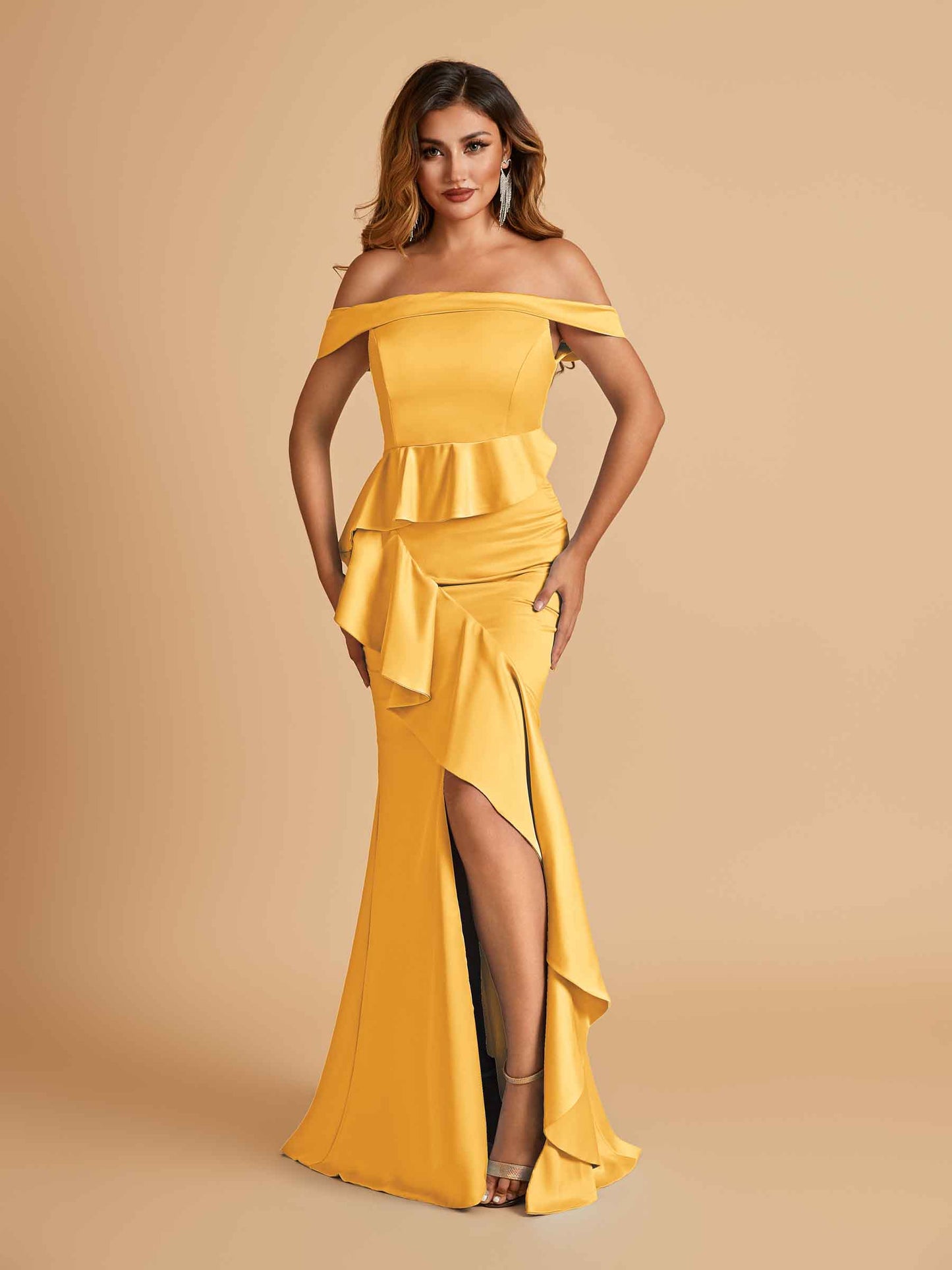 Satin Mermaid Off Shoulder Bridesmaid Dresses With Ruffles Side Slit Floor Length