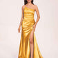 Satin One-shoulder Mermaid Bridesmaid Dresses Side Slit Pleats Floor Length