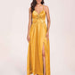 Satin Spaghetti Straps A-line Bridesmaid Dresses Side Slit Floor Length