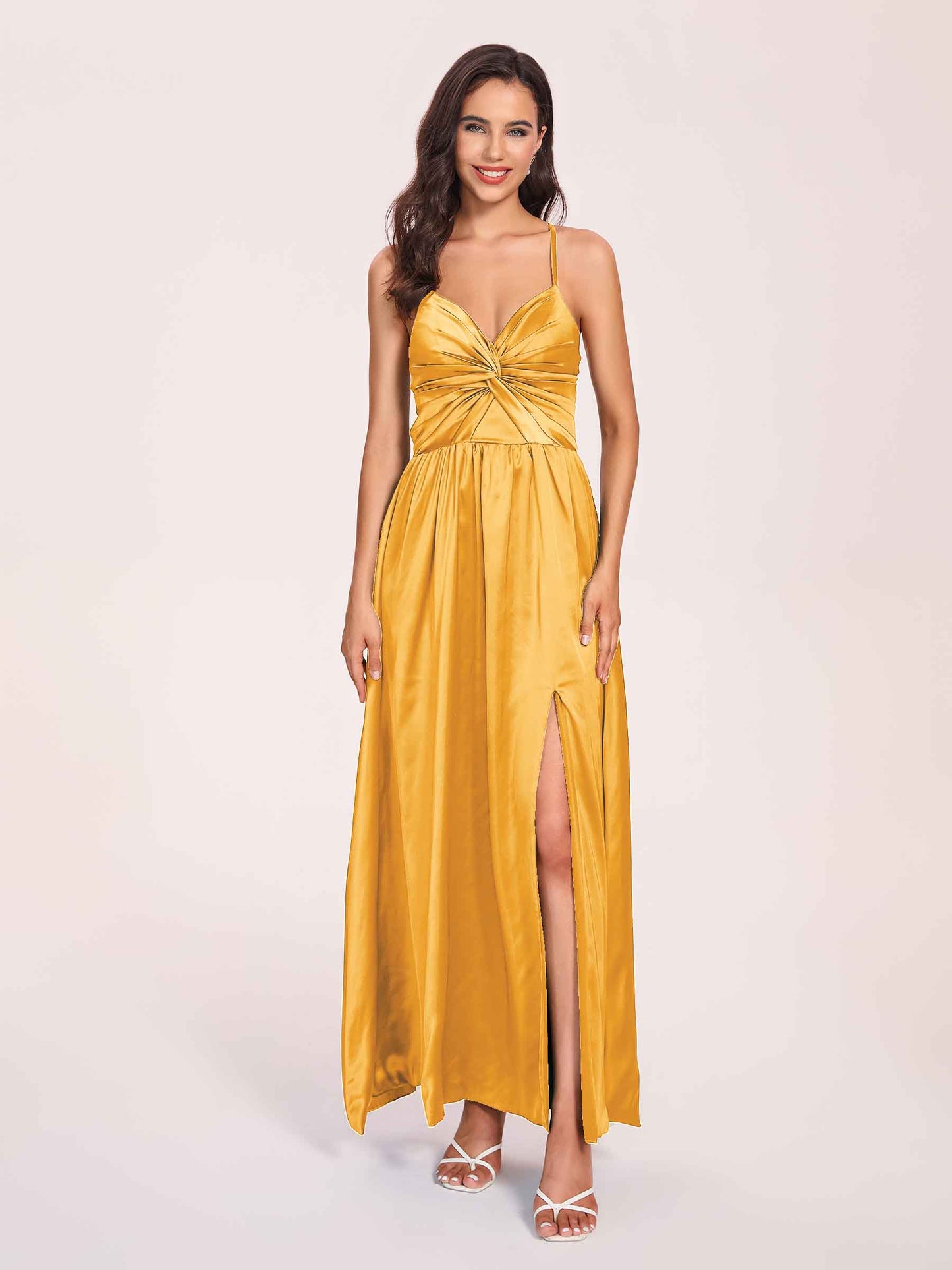 Satin Spaghetti Straps A-line Bridesmaid Dresses Side Slit Floor Length