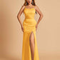 Satin Mermaid Long Bridesmaid Dresses Spaghetti Straps Scoop Side Slit Criss-cross Back For Sale