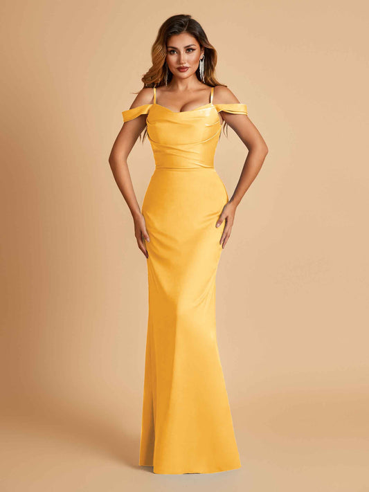 Sexy Off Shoulder Mermaid Long Bridesmaid Dresses Satin Spaghetti Straps Floor Length