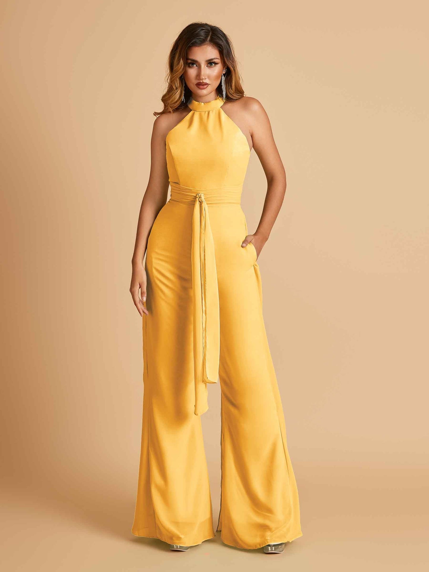 Chiffon Prom Jumpsuit Jewel Neck Sleeveless Floor Length With Pockets