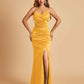Sexy Satin Mermaid Bridesmaid Dresses Spaghetti Straps V-neck Side Slit Floor Length