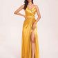 Sexy Satin A-line Prom Dresses Spaghetti Straps Side Slit V-neck Floor Length