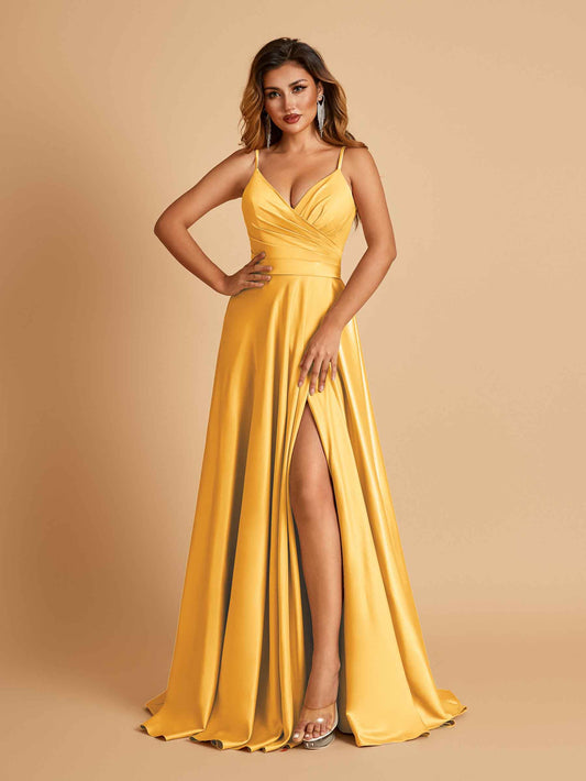 Satin A-line Long Bridesmaid Dresses Spaghetti Straps V-neck Side Slit Floor Length