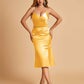 Sexy Satin Midi Mermaid Prom Dresses Spaghetti Straps Slip Side Slit