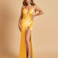 Sexy Satin Spaghetti Straps Bridesmaid Dresses V-neck Side Slit Pleats Floor Length Sheath