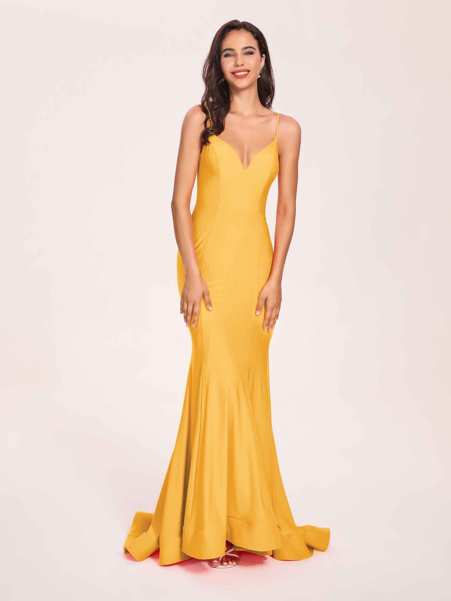 Sexy Satin Mermaid Prom Dresses Spaghetti Straps V-neck Floor Length Lace-up Back