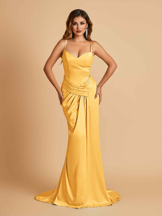 Satin Mermaid Sweetheart Bridesmaid Dresses Spaghetti Straps With Pleats Floor Length