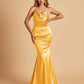 Satin Mermaid Open Back Bridesmaid Dresses Spaghetti Straps Scoop Floor Length