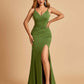 Jersey Mermaid Bridesmaid Dresses Spaghetti Straps V-neck Side Slit Pleats Floor Length