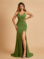 Jersey Mermaid Bridesmaid Dresses Spaghetti Straps V-neck Side Slit Pleats Floor Length
