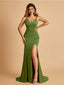 Jersey Mermaid Prom Dresses Spaghetti Straps V-neck Side Slit Pleats Floor Length