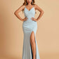 Sexy Jersey Mermaid Bridesmaid Dresses Spaghetti Straps V-neck Criss Cross Side Slit Floor Length